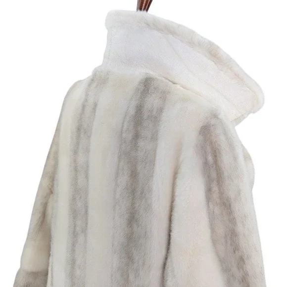 Vintage Faux Fur Long Coat Cream Gray Striped Oversized M/L Mob Wife Maximalist - Picture 7 of 13